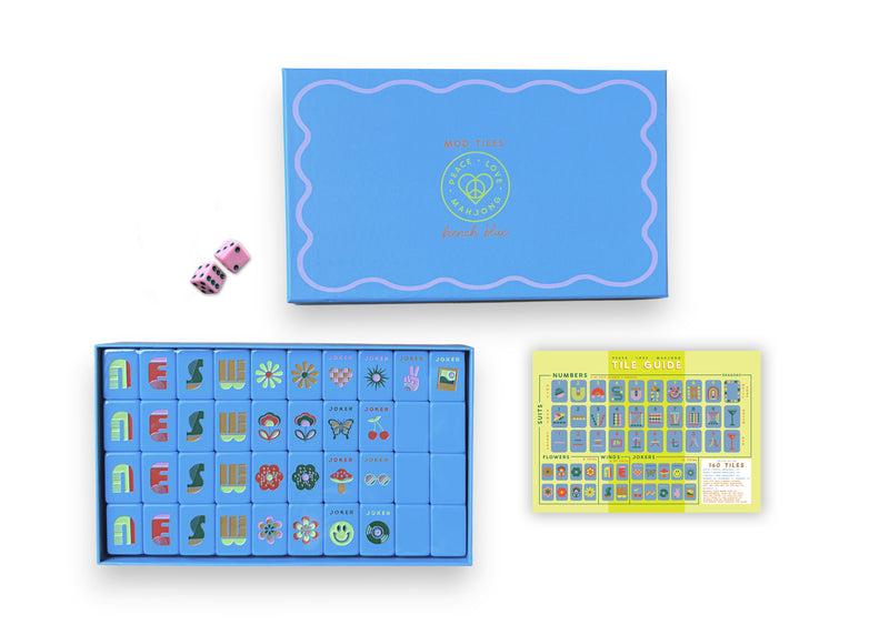 Mod French Blue Mahjong Tiles + Tile Pouch + Dice
